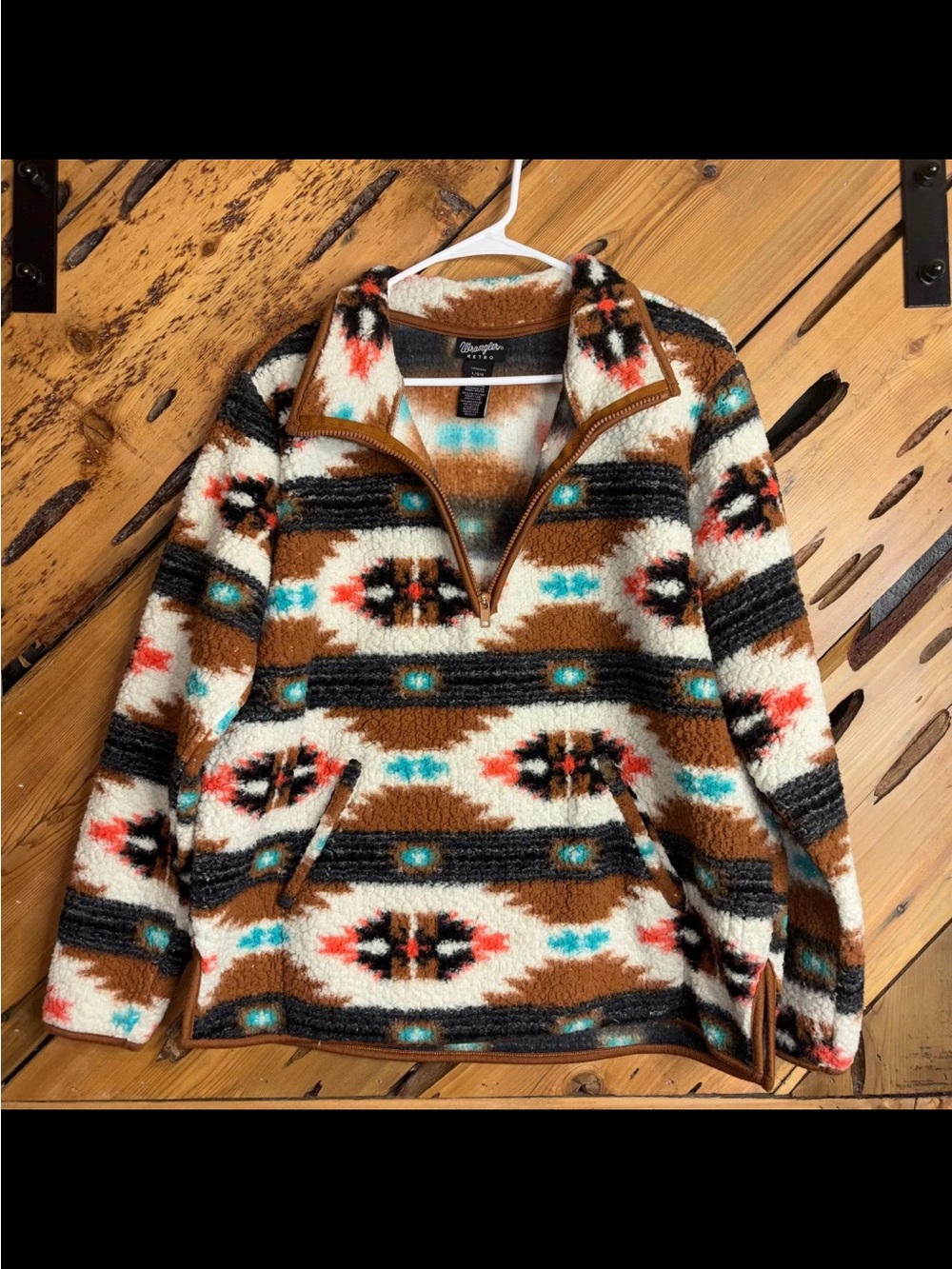 Wrangler Retro Aztec-Pattern Sherpa Quarterzip Pullover - Brown/Turquoise